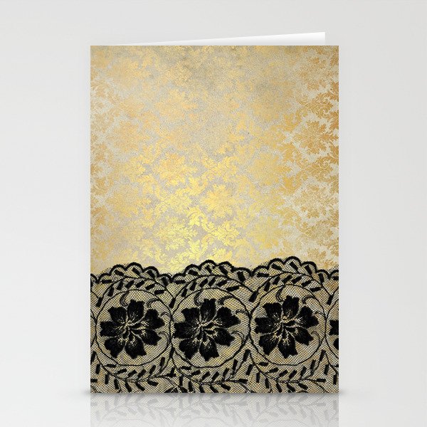 Black floral luxury lace on gold damask pattern Stationery Cards