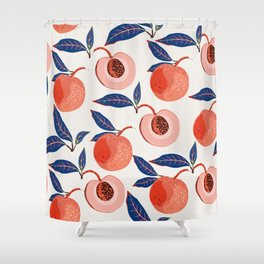 Fruits of peaches and apricot trees leaves on a light cream, white color background. Seamless floral pattern. Square repeating design Shower Curtain