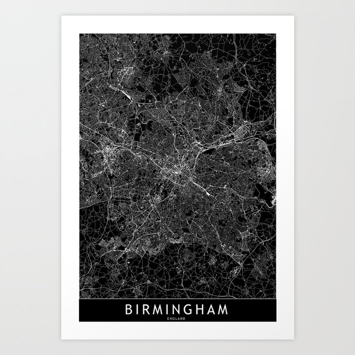 Birmingham, England Black Map Art Print