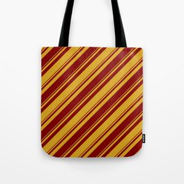 [ Thumbnail: Goldenrod & Maroon Colored Lines/Stripes Pattern Tote Bag ]