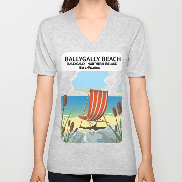 Ballygally Beach Northern Ireland travel poster V Neck T Shirt