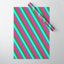 [ Thumbnail: Dim Gray, Deep Pink, Forest Green & Cyan Colored Stripes/Lines Pattern Wrapping Paper ]