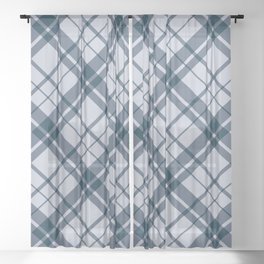 Blue gray diagonal gingham checked Sheer Curtain