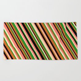 [ Thumbnail: Eye-catching Salmon, Beige, Forest Green, Chocolate, and Black Colored Lines/Stripes Pattern Beach Towel ]