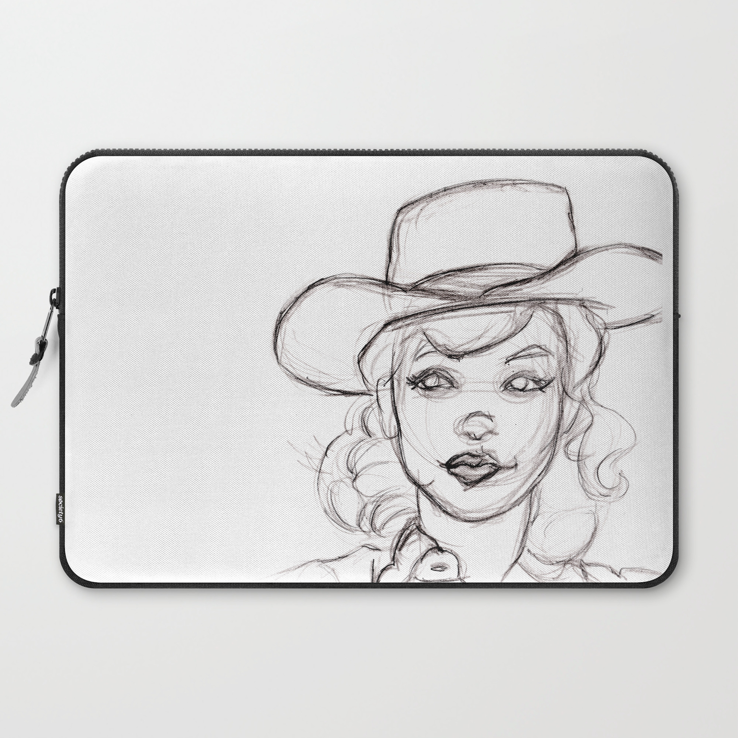 Pencil Drawing Sketch Of Retro Girl In Cowboy Hat Laptop Sleeve By