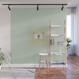 Hand-Drawn Butterfly and Golden Fairy Dust on Apple Green Wall Mural