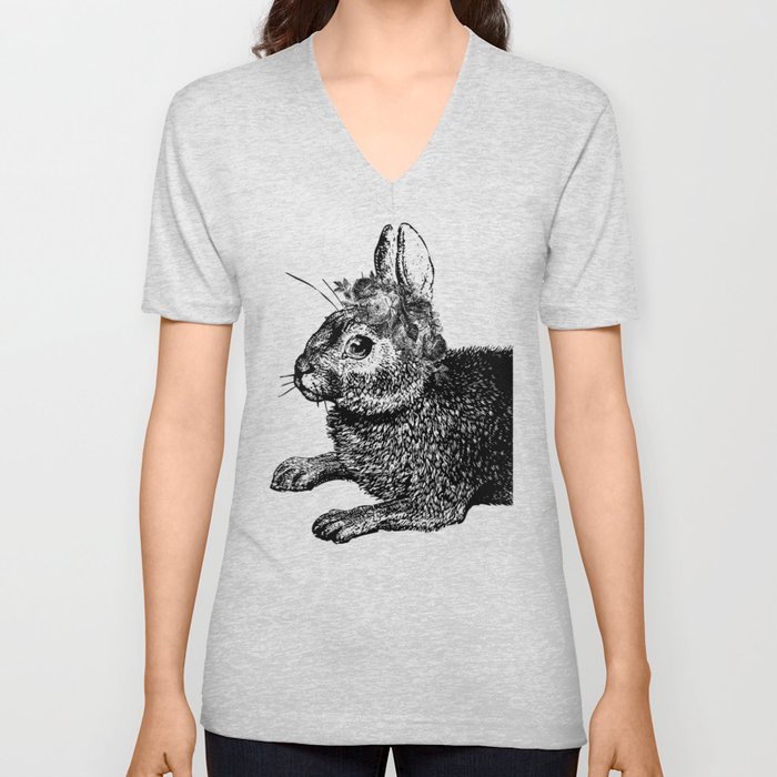 The Rabbit and Roses | Vintage Rabbit with Flower Crown | Rabbit Portrait | Bunny | Black and White V Neck T Shirt