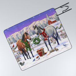 Christmas Horses Winter Farm Scene Picnic Blanket