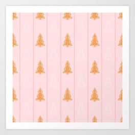 Colourful Christmas Cookies Seamless Pattern with Gingerbread Xmas Tree on Pink Background with Stripes Art Print