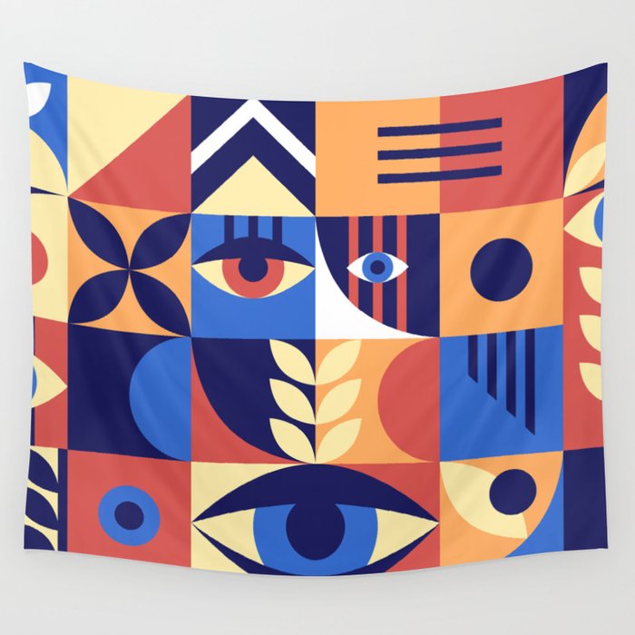Bauhaus geometric abstract elements with eyes and simple forms. Modern style shapes, minimalistic retro design. Hipster 20s trend collage, illustration.  Wall Tapestry