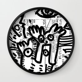 Creatures Graffiti Black and White on French Train Ticket Wall Clock