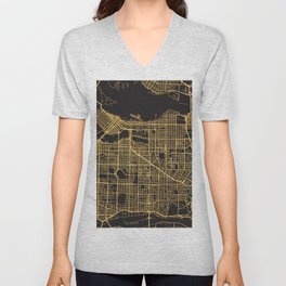 VANCOUVER CANADA GOLD ON BLACK CITY MAP V Neck T Shirt