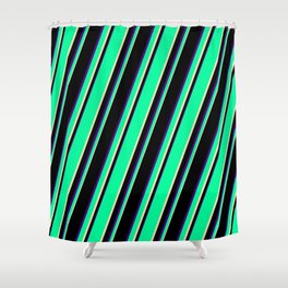 [ Thumbnail: Green, Tan, Black, and Indigo Colored Lines/Stripes Pattern Shower Curtain ]