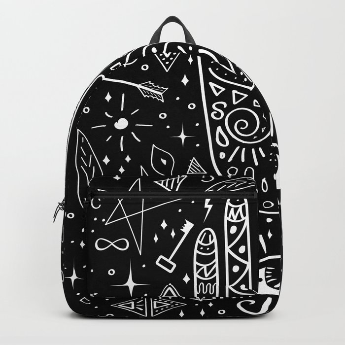 Black background occult pattern with mystical chalk signs Backpack