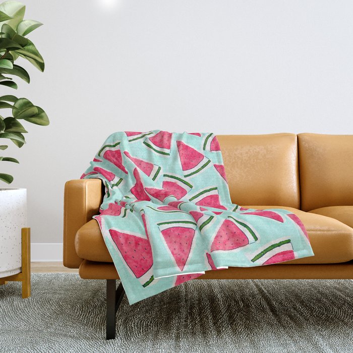 Pink Watermelon Triangles Watercolor Fruit Design Throw Blanket