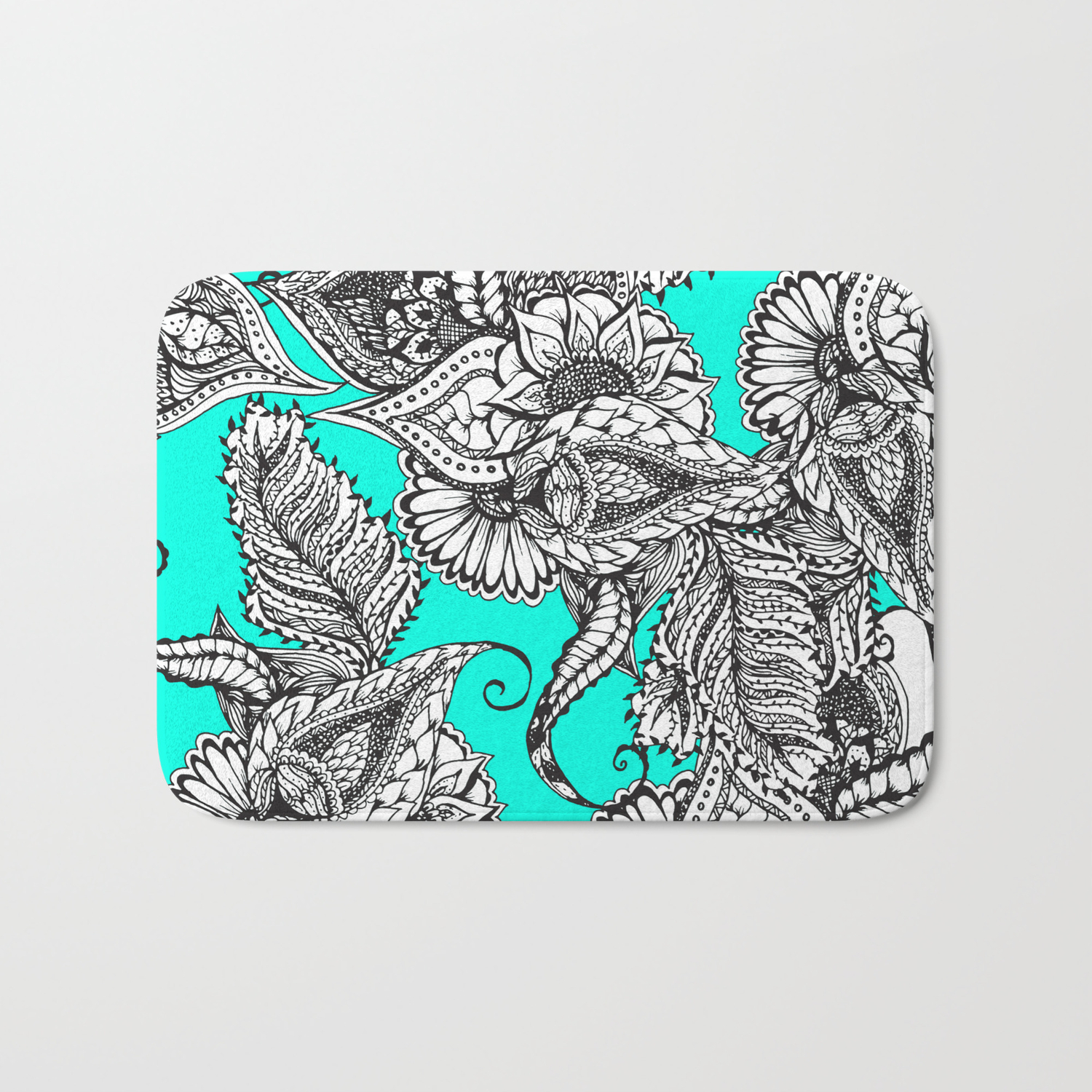 Boho Black White Hand Drawn Floral Doodles Pattern Turquoise Bath