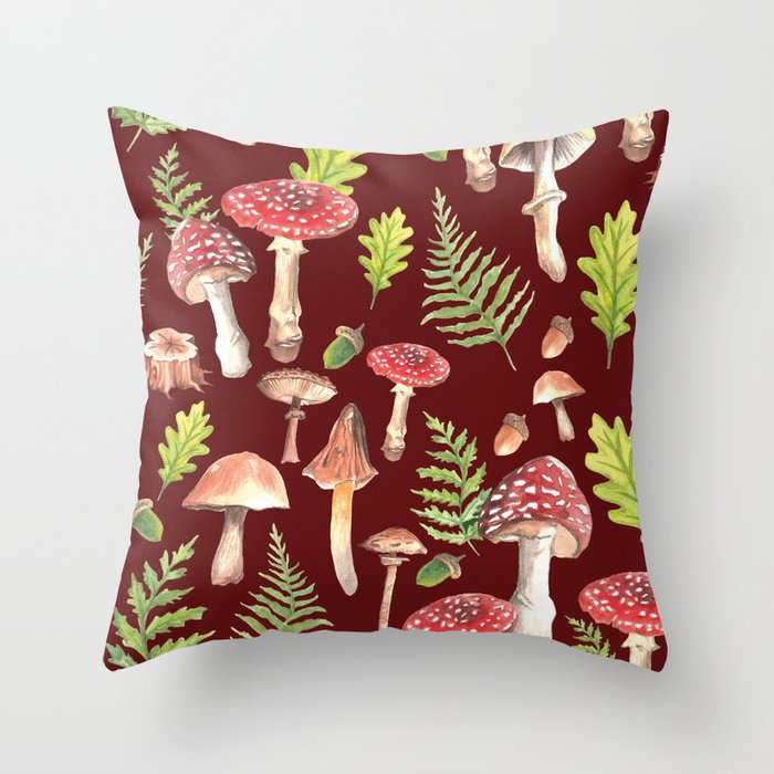 Maroon Mushroom Set Throw Pillow