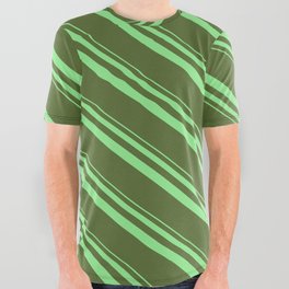 [ Thumbnail: Light Green and Dark Olive Green Colored Lined/Striped Pattern All Over Graphic Tee ]