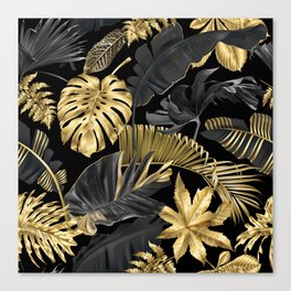 Abstract pattern with gold and black tropical leaves on dark background. Exotic botanical design, hawaiian style, luxury, golden, sparkle, glitter background Canvas Print