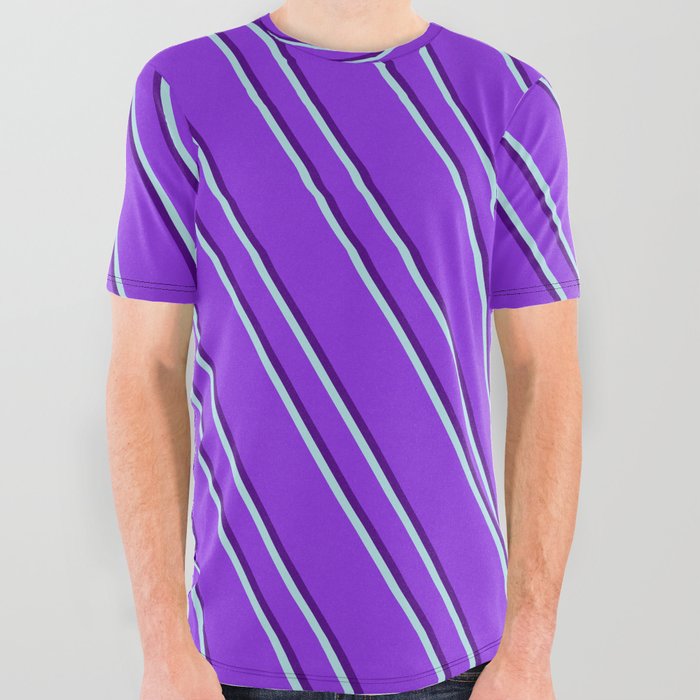 Purple, Indigo & Powder Blue Colored Lines/Stripes Pattern All Over Graphic Tee