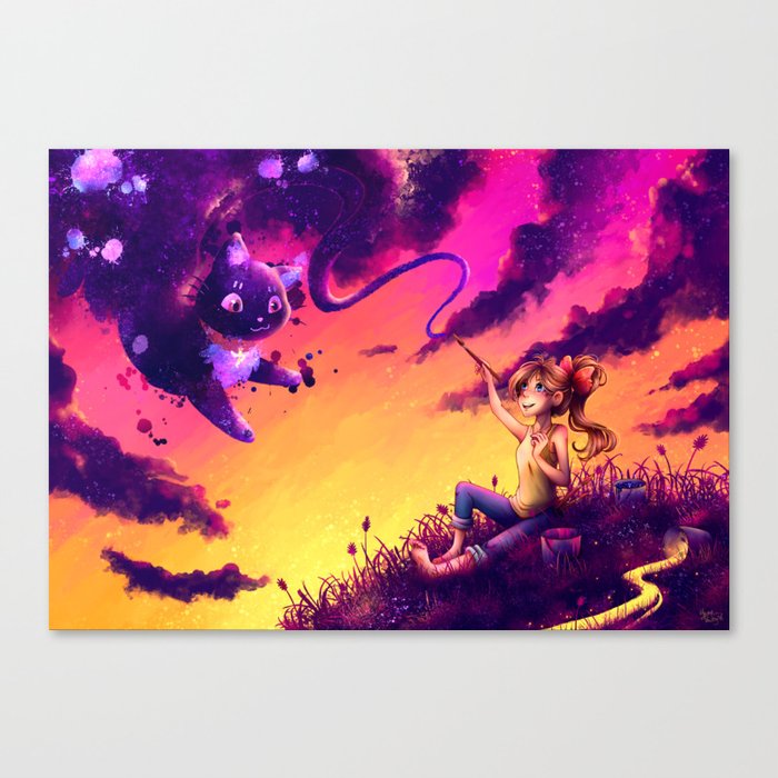 Girl with Galaxy Cat Canvas Print