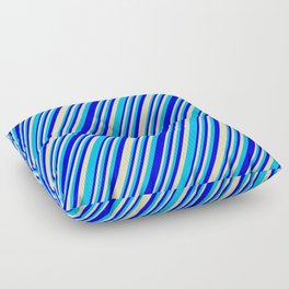 [ Thumbnail: Blue, Tan, and Deep Sky Blue Colored Lined/Striped Pattern Floor Pillow ]