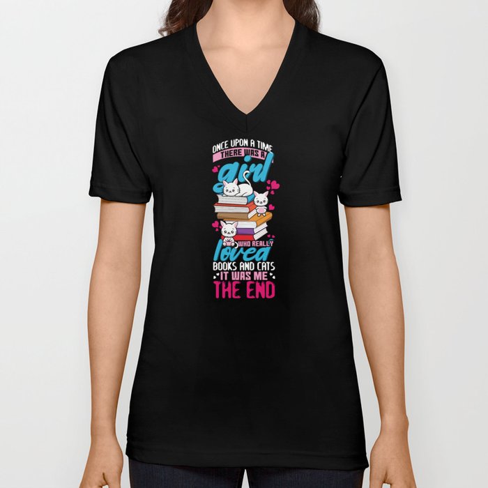 Girl Loves Books And Cats Book Reading Bookworm V Neck T Shirt