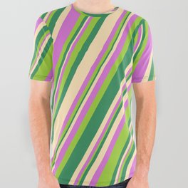 [ Thumbnail: Orchid, Green, Sea Green, and Beige Colored Stripes Pattern All Over Graphic Tee ]