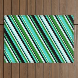 [ Thumbnail: Turquoise, Black, Light Cyan, and Forest Green Colored Stripes Pattern Outdoor Rug ]