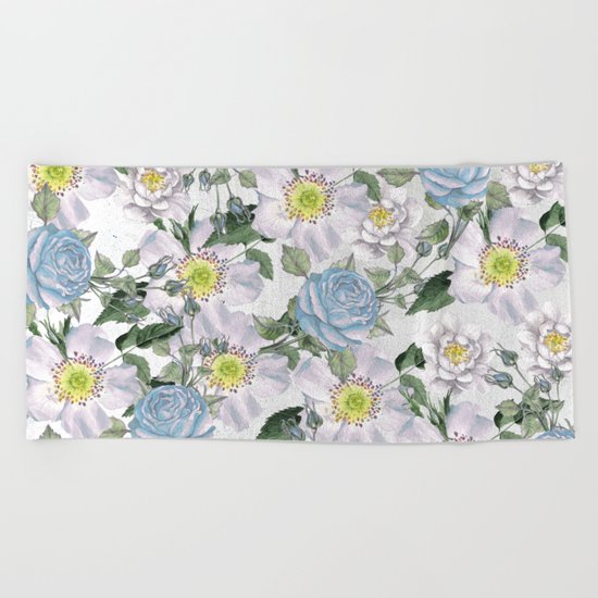 Vintage Roses Blue Beach Towel