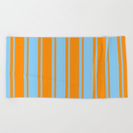 [ Thumbnail: Dark Orange and Light Sky Blue Colored Striped/Lined Pattern Beach Towel ]