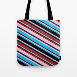[ Thumbnail: Red, Pink, Deep Sky Blue, and Black Colored Stripes/Lines Pattern Tote Bag ]