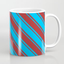[ Thumbnail: Deep Sky Blue & Brown Colored Striped Pattern Coffee Mug ]