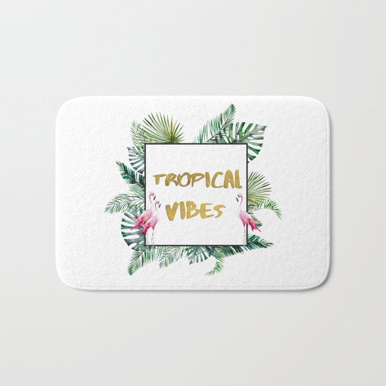 Aloha - Tropical Vibes Typography with Palm Leaves and Flamingo Bath Mat