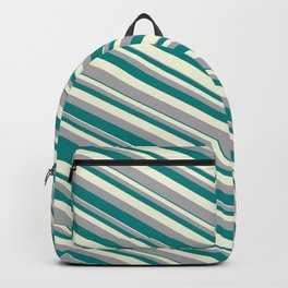 [ Thumbnail: Beige, Dark Gray, and Teal Colored Pattern of Stripes Backpack ]