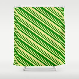 [ Thumbnail: Green & Tan Colored Stripes Pattern Shower Curtain ]