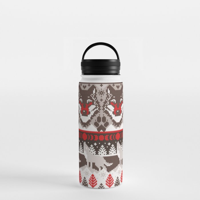 Fair isle knitting grey wolf // oak and taupe brown wolves red moons and pine trees Water Bottle