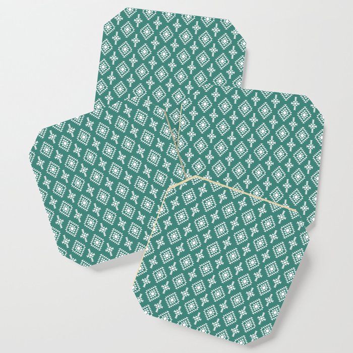 Green Blue and White Native American Tribal Pattern Coaster