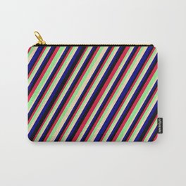 [ Thumbnail: Colorful Crimson, Light Green, Tan, Blue & Black Colored Lined Pattern Carry-All Pouch ]