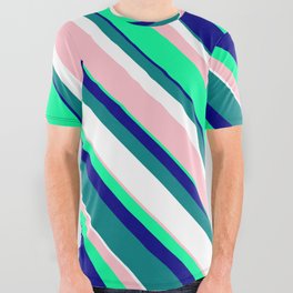 [ Thumbnail: Vibrant Pink, Green, Blue, Teal, and White Colored Striped/Lined Pattern All Over Graphic Tee ]