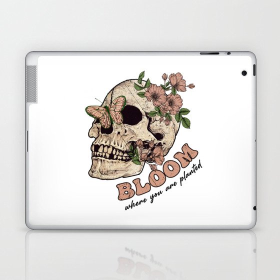 Skull with pink flowers and butterflies Laptop & iPad Skin