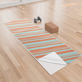 [ Thumbnail: Coral & Turquoise Colored Lined Pattern Yoga Towel ]