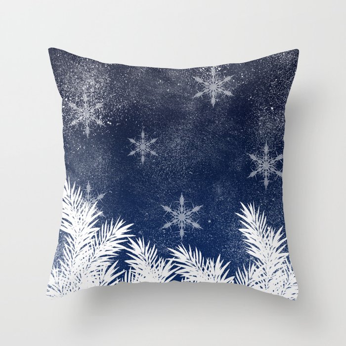 Winter white snow pine trees navy blue Christmas Throw Pillow