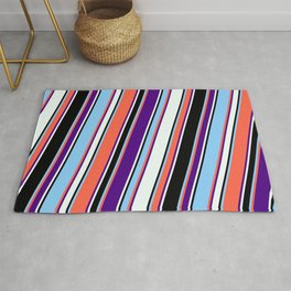 [ Thumbnail: Eyecatching Red, Indigo, Mint Cream, Black, and Light Sky Blue Colored Pattern of Stripes Rug ]