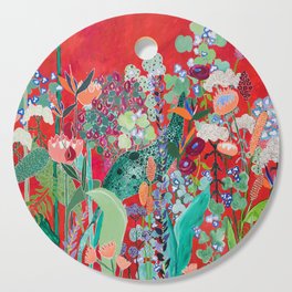 Red floral Jungle Garden Botanical featuring Proteas, Reeds, Eucalyptus, Ferns and Birds of Paradise Cutting Board