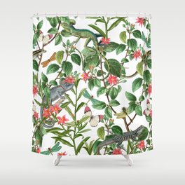Vintage & Shabby Chic - Iguana And Insects Tropical Animals And Flowers Garden Shower Curtain