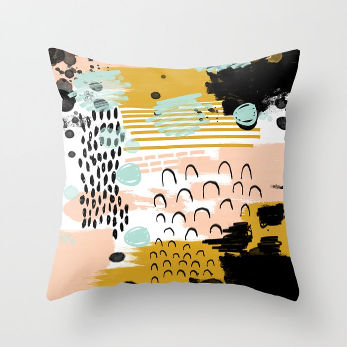 Ames - Abstract painting in free style with modern colors navy gold blush white mint Throw Pillow