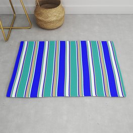 [ Thumbnail: Blue, Tan, Light Sea Green, and White Colored Striped Pattern Rug ]