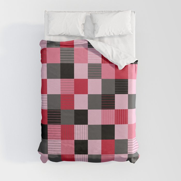 Valentine's Day Black, Red, Pink, & Grey Checkered Plaid Pattern Duvet Cover