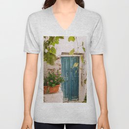 Greek Blue Painted Door | Still Live on the Greek Islands | Street and Travel Photography V Neck T Shirt